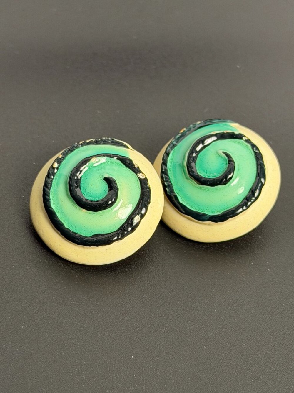 Vintage BSK Enamel Spiral Clip On Earrings Green Black Cream MCM Signed 1"